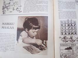 Lasten Maailma 1954 nr 4, Mannerheim-kotka?, tehtäviä, tarinoita, sarjakuvia, päätoimittaja Markus Rautio, kuvituksia mm. Maija Karma, takas. Pikkaraisen paperinukke