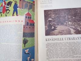 Lasten Maailma 1954 nr 7, tehtäviä, tarinoita, sarjakuvia, päätoimittaja Markus Rautio, kuvituksia mm. Maija Karma, takasivu hyönteisiä heinikossa