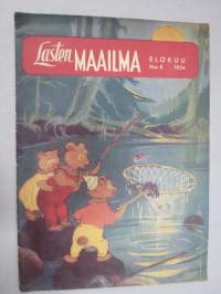 Lasten Maailma 1954 nr 8, tehtäviä, tarinoita, sarjakuvia, päätoimittaja Markus Rautio, kuvituksia mm. Maija Karma, takasivu Ulla-Maijan kesäasut -paperinukke