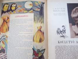 Lasten Maailma 1954 nr 8, tehtäviä, tarinoita, sarjakuvia, päätoimittaja Markus Rautio, kuvituksia mm. Maija Karma, takasivu Ulla-Maijan kesäasut -paperinukke