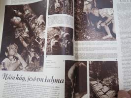 Lasten Maailma 1954 nr 8, tehtäviä, tarinoita, sarjakuvia, päätoimittaja Markus Rautio, kuvituksia mm. Maija Karma, takasivu Ulla-Maijan kesäasut -paperinukke