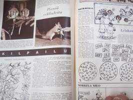 Lasten Maailma 1954 nr 8, tehtäviä, tarinoita, sarjakuvia, päätoimittaja Markus Rautio, kuvituksia mm. Maija Karma, takasivu Ulla-Maijan kesäasut -paperinukke
