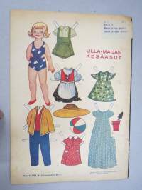 Lasten Maailma 1954 nr 8, tehtäviä, tarinoita, sarjakuvia, päätoimittaja Markus Rautio, kuvituksia mm. Maija Karma, takasivu Ulla-Maijan kesäasut -paperinukke