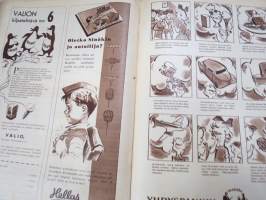 Lasten Maailma 1954 nr 11, tehtäviä, tarinoita, sarjakuvia, päätoimittaja Markus Rautio, kuvituksia mm. Maija Karma, takasivu Yhteentörmäyspeli