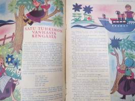 Lasten Maailma 1954 nr 9, tehtäviä, tarinoita, sarjakuvia, päätoimittaja Markus Rautio, kuvituksia mm. Maija Karma, takasivu lukujärjestys