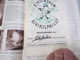 Lasten Maailma 1954 nr 9, tehtäviä, tarinoita, sarjakuvia, päätoimittaja Markus Rautio, kuvituksia mm. Maija Karma, takasivu lukujärjestys