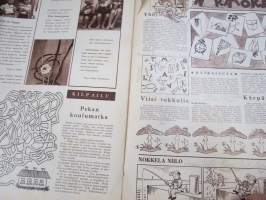 Lasten Maailma 1954 nr 9, tehtäviä, tarinoita, sarjakuvia, päätoimittaja Markus Rautio, kuvituksia mm. Maija Karma, takasivu lukujärjestys
