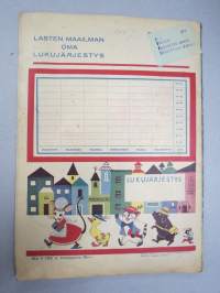 Lasten Maailma 1954 nr 9, tehtäviä, tarinoita, sarjakuvia, päätoimittaja Markus Rautio, kuvituksia mm. Maija Karma, takasivu lukujärjestys