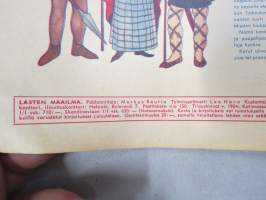 Lasten Maailma 1954 nr 5, tehtäviä, tarinoita, sarjakuvia, päätoimittaja Markus Rautio, kuvituksia mm. Maija Karma, takasivu &quot;Sininen ruudukko&quot;