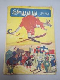 Lasten Maailma 1954 nr 5, tehtäviä, tarinoita, sarjakuvia, päätoimittaja Markus Rautio, kuvituksia mm. Maija Karma, takasivu &quot;Pikkaraisen paperinukke-perhe&quot;