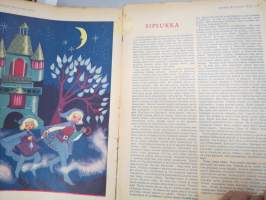 Lasten Maailma 1954 nr 5, tehtäviä, tarinoita, sarjakuvia, päätoimittaja Markus Rautio, kuvituksia mm. Maija Karma, takasivu &quot;Pikkaraisen paperinukke-perhe&quot;