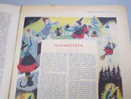 Lasten Maailma 1954 nr 5, tehtäviä, tarinoita, sarjakuvia, päätoimittaja Markus Rautio, kuvituksia mm. Maija Karma, takasivu &quot;Pikkaraisen paperinukke-perhe&quot;