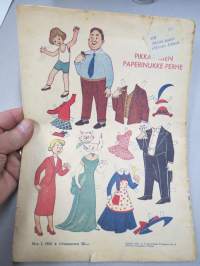 Lasten Maailma 1954 nr 5, tehtäviä, tarinoita, sarjakuvia, päätoimittaja Markus Rautio, kuvituksia mm. Maija Karma, takasivu &quot;Pikkaraisen paperinukke-perhe&quot;