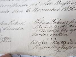 Kauppakirja Lieto - Isotalo verorustholli, myyjä Juho Matinpoika Sakari, ostaja Juho Matinpoika Isotalo, 6.11.1830 -ruotsinkielinen asiakirja