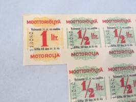 Moottoriöljyä - Motorolja / Voiteluainetta, voimassa 31.8.1946 -säännöstelykuponki / arkki -sota- ja pula-ajalta, 2 eri puoliarkkia