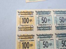 Moottoriöljyä - Motorolja / Voiteluainetta, voimassa 31.8.1946 -säännöstelykuponki / arkki -sota- ja pula-ajalta, 2 eri puoliarkkia