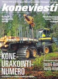 Koneviesti 12/2021. Teemana koneurakointi. 4x4 pakettiautot, Minikaivuukoneet. Valtra 235D. Konerahoitus. Ponsse K101 ja K111, Isuzu D-Max vs. Toyota Hilux