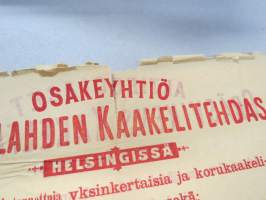 Ruoholahden Kaakelitehdas Oy Helsinki - Ab Gräsvikens Kakelfabrik Helsingfors -kaksikielinen mainosjuliste v. 1895