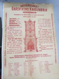 Ruoholahden Kaakelitehdas Oy Helsinki - Ab Gräsvikens Kakelfabrik Helsingfors -kaksikielinen mainosjuliste v. 1895
