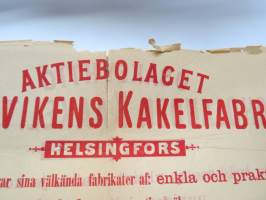 Ruoholahden Kaakelitehdas Oy Helsinki - Ab Gräsvikens Kakelfabrik Helsingfors -kaksikielinen mainosjuliste v. 1895