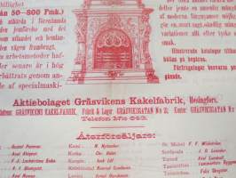 Ruoholahden Kaakelitehdas Oy Helsinki - Ab Gräsvikens Kakelfabrik Helsingfors -kaksikielinen mainosjuliste v. 1895