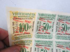 Voiteluainetta (ei moottoriöljyä) 100 gr / 50 gr  Smörjmedel (ej motorolja) -säännöstelykuponki / arkki, Toukotyöt / Vårbruket 1945-sota- ja pula-ajalta