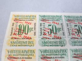 Voiteluainetta (ei moottoriöljyä) 100 gr / 50 gr  Smörjmedel (ej motorolja) -säännöstelykuponki / arkki, Toukotyöt / Vårbruket 1945-sota- ja pula-ajalta
