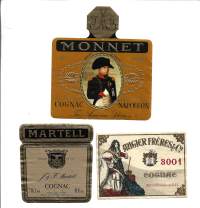 Monet, ,Augier Ferees ja Martell 3 eril konjakkietikettiä - viinaetiketti