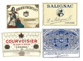 Salinac ,Augier Ferees, Martell jaCourvoisier 4 eril konjakkietikettiä - viinaetiketti