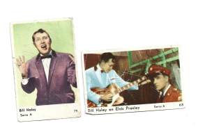 Bill Haley ja Elvis   yht 2 kpl  -  purkkakääre makeiskääre keräilykuva nr63 ja 79