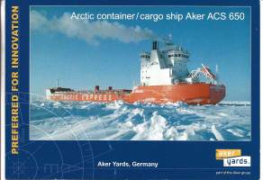 Artic container / cargo ship Aker ACS 650     - laivaesite A5 koko  tekniset tiedot takana