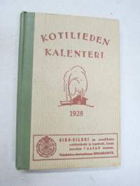 Kotilieden kalenteri 1928 (Kotiliesi), kalenteri tietoja, runsaasti artikkeleita, Rasvakysymys keittiössä, Kotivoin valmistus, Kotikutoiset miesten pukukankaat...