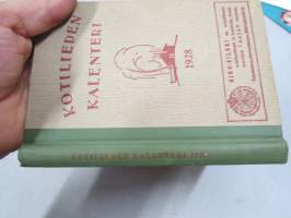 Kotilieden kalenteri 1928 (Kotiliesi), kalenteri tietoja, runsaasti artikkeleita, Rasvakysymys keittiössä, Kotivoin valmistus, Kotikutoiset miesten pukukankaat...
