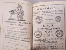 Kotilieden kalenteri 1928 (Kotiliesi), kalenteri tietoja, runsaasti artikkeleita, Rasvakysymys keittiössä, Kotivoin valmistus, Kotikutoiset miesten pukukankaat...