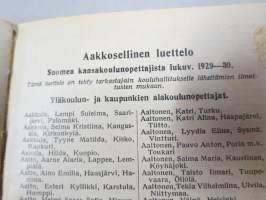 Kansakoulukalenteri 1930, mainoksia, ammattitietoa, artikkeleita, sisältää myös matrikkelin virassa / toimessa olevista opettajista