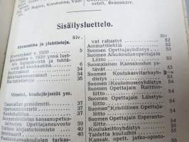 Kansakoulukalenteri 1930, mainoksia, ammattitietoa, artikkeleita, sisältää myös matrikkelin virassa / toimessa olevista opettajista