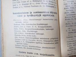 Kansakoulukalenteri 1925, mainoksia, ammattitietoa, artikkeleita, sisältää myös matrikkelin virassa / toimessa olevista opettajista