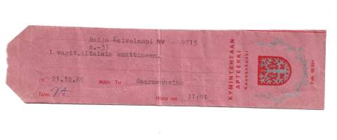 Kymintehtaan Apteekki Kuusankoski    resepti  signatuuri 1968