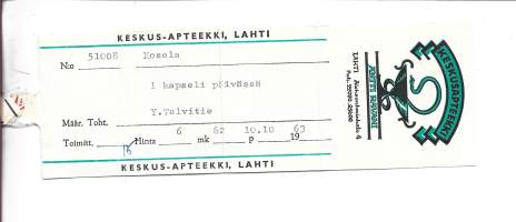 Keskusapteekki   Antti Ravani Lahti - resepti signatuuri 1963