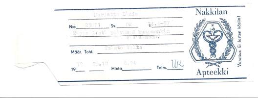 Nakkilan Apteekki  , resepti  signatuuri  1972