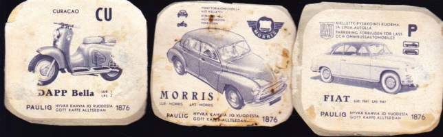 Autot - 3 vanhaa Pauligin kahvipakkauskuvaa autoista - Simca, Nash ja Mercury 1955. Alkuperäiset, taustapaperilla autotietoutta