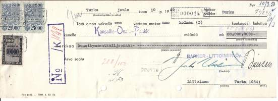 Vekseli  60 000 000 mk / leimamerkki 25 000 + 25 000 + 10 000 mk -  Barker-Littoinen / KOP Turku 1949