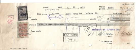 Vekseli  15 000 000 mk / leimamerkki  10 000 + 5 000 -  Barker-Littoinen / KOP Turku 1950