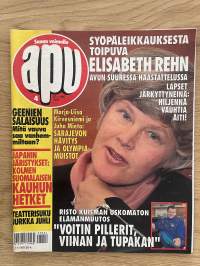 Apu 1995 nr 4 -Syöpäleikkauksesta toipuva Elisabeth Rehn avun suuressa haastattelussa,Marja-Liisa Kirvesniemi ja Juha Mieto: Sarajevon hävitys ja olympia-muistot,ym.