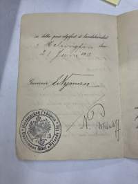 Заграничный паспортъ - Matkapassi ulkomaille - Pass för utrikesresa - Reisepass für das Ausland, fil. kand Arnold Nordling sekä vaimo Anna, 21.6.1912, Helsinki