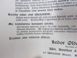 Isodor Oldenburg, New York - Kuvitettu hintaluettelo 1907, suomenkiel., koruja, kelloja, soittimia, fonograafeja - puhumakoneita, aseita (Winchester), työkaluja, ym.