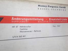 Massey-Ferguson Mähdrescher 87 Ersatzteil-Liste 1966 + Ändrungsmitteilung 1967 (leikkuupuimuri) -Parts Book / varaosaluettelo + muutokset