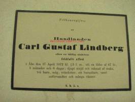 Handlanden Carl Gustaf Lindberg... fridfullt afled i Åbo 17.4.1872 -kuolinilmoituskortti