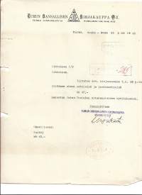 Turun Kansallinen Kirjakauppa Oy Turku 1940 - firmalomake