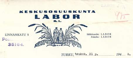 Keskusosuuskunta Labor Turku 1945  - firmalomake